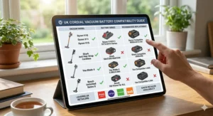 A compatibility chart showing replacement batteries for popular cordless vacuum brands in the UK.