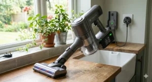 A cordless vacuum cleaner with a new replacement battery charging on a wall-mounted dock.