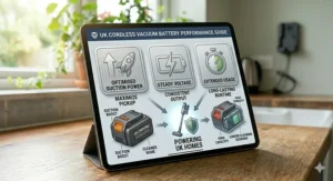 A cordless vacuum being used on a British carpet, demonstrating full suction power with a new battery.