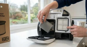 Alt text for an illustration of a common British cylinder vacuum cleaner showing the locations of the internal motor foam filter and the rear HEPA exhaust vent.