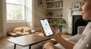 A person using the EufyHome smartphone app to view a digital floor plan and schedule a clean in a UK home.