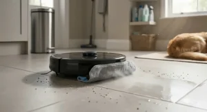 A Eufy robot vacuum docked at its charging station against a wall featuring a standard UK three-pin power socket.