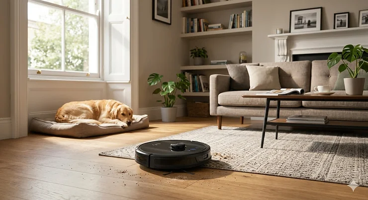 A Eufy robot vacuum cleaner navigating a modern British living room near a sleeping Golden Retriever by a sash window. Eufy Robot Vacuum