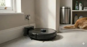 Hybrid Eufy robot vacuum and mop cleaning a tiled floor in a utility room, leaving a fresh streak-free finish.