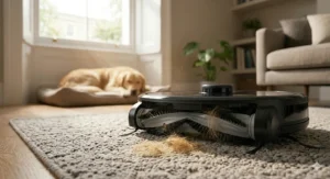 Detailed view of the Eufy RoboVac anti-tangle brush roll hoovering up golden retriever hair from a living room rug.