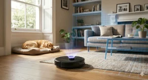 Visualisation of LiDAR technology with blue digital mapping lines projected over a British living room as the Eufy vacuum scans.