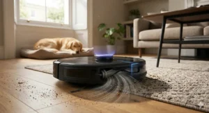 Close-up of a Eufy robot vacuum using powerful suction to hoover dust and debris from a grey textured carpet.