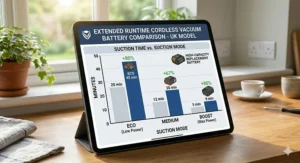 Comparison graph showing the increased runtime of a high-capacity replacement vacuum battery.