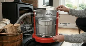 Cutaway diagram illustration showing the internal safety features of the ash vacuum, including a metallic pre-filter mesh, heat-resistant lining, and a spark arrestor within the canister.