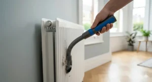 A flexible, flat vacuum tool reaching behind a standard white British panel radiator to remove trapped dust.