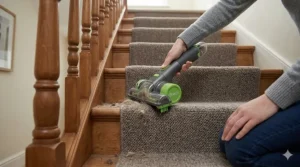 Lightweight Gtech cordless hoover being used to easily clean carpeted stairs without a power cable.