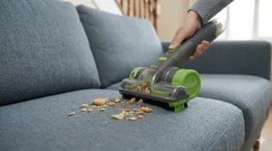 Gtech Multi handheld vacuum cleaner used to clean crumbs from a fabric sofa.