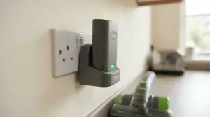 The removable lithium-ion battery of a Gtech vacuum cleaner charging in a UK wall socket.