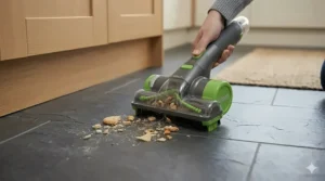 Gtech vacuum cleaner gliding across a kitchen hardwood floor showing its slim profile and manoeuvrability.