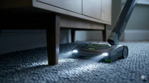 Gtech vacuum cleaner LED headlights illuminating dust under a sideboard in a dimly lit room.