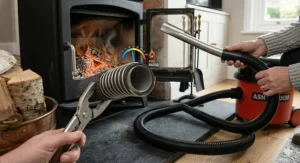 Close-up photorealistic illustration showing the flexible metal-lined suction hose and a cross-section revealing its heat-resistant internal spiral structure.