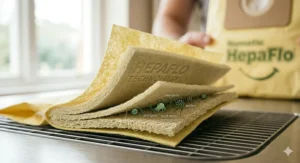 A high-detail illustration of the multi-layer HepaFlo material designed to trap allergens and dust mites.