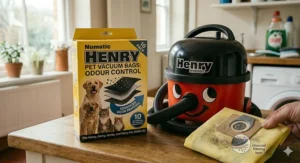 Specialised odour-control vacuum bags for Henry models featuring a charcoal filtering layer for pet hair.