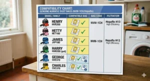 A compatibility chart showing how HepaFlo bags fit Henry, Hetty, James, Harry, George, and Charles models.