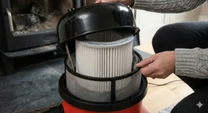 Internal diagram of a dual HEPA filtration system designed to trap fine wood ash particles.