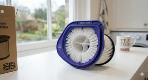 Alt text for a close-up of a high-efficiency HEPA vacuum filter with intricate white pleats and a purple frame, designed to trap dust and allergens in British homes.