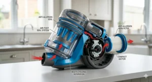 A technical cutaway diagram of a Hoover bagless vacuum cleaner showing the multi-cyclonic separation and anti-allergen seal system.