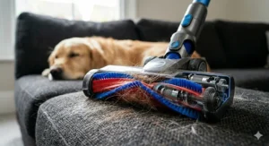 Close-up macro shot of a Hoover vacuum cleaner motorised pet tool removing golden retriever hair from a dark fabric sofa.