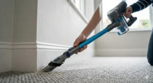 Close-up of a Hoover vacuum cleaner crevice tool cleaning dust along white wooden skirting boards and grey textured carpet.