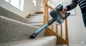 Using a lightweight Hoover vacuum cleaner with a brush attachment to clean a carpeted staircase next to a wooden banister.