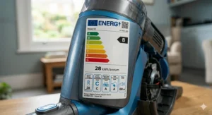 The official UK energy efficiency label on a Hoover vacuum cleaner showing the B-rated energy scale and annual kWh consumption.