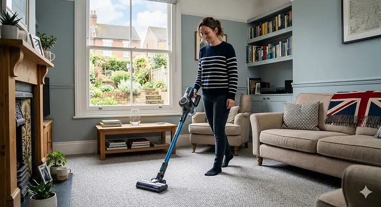 A person using a cordless Hoover vacuum cleaner on a grey carpeted floor in a modern British living room with a traditional fireplace. Hoover Vacuum Cleaner