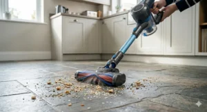 A Hoover vacuum cleaner being used to pick up crumbs and debris from a slate-tiled kitchen floor in a UK home.
