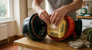 Close-up of a person installing a new HepaFlo dust bag into the drum of a red Henry vacuum cleaner.