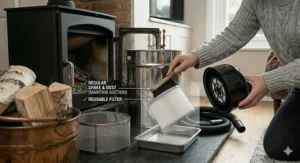 A photorealistic close-up illustration showing a person using a small dusting brush to lightly shake and clean the reusable HEPA filter over a tray.