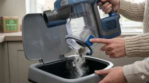A close-up of a Shark dust bin being emptied into a grey kitchen bin with a simple button press.