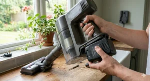Close-up illustration showing how to safely click a new replacement battery into a cordless hoover.
