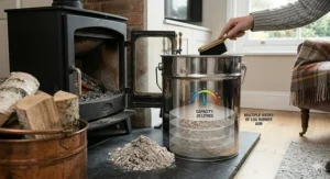 A 20-litre stainless steel ash canister standing on a slate hearth, with its lid removed, demonstrating the volume required for multiple weeks of log burner use.