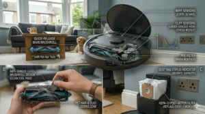 A simple guide showing how to wipe sensors and remove hair from the main brush roll of a robot vacuum.
