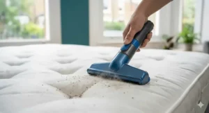 A wide, flat mattress vacuum attachment being used to hoover a quilted mattress for allergy relief.