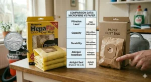Comparison data showing the superior filtration and durability of microfibre bags compared to paper dust bags.