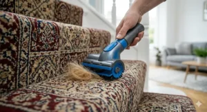 A compact mini turbo brush attachment removing stubborn dog hair from carpeted stairs.