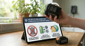 Illustration of how to responsibly recycle old cordless vacuum batteries at a UK recycling centre.