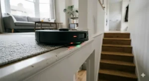 A Roborock robot vacuum using cliff sensors to safely clean the edge of a carpeted landing.