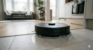 The mopping attachment of a Roborock vacuum cleaning a tiled hallway floor near a front door.