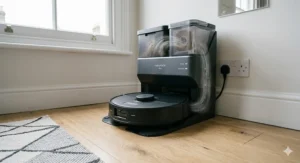 The slim profile of a Roborock robot vacuum sliding under a low-clearance velvet sofa to clean dust.