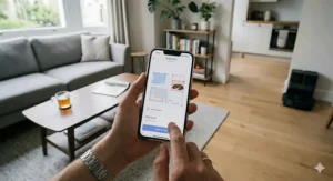 A person using the Roborock mobile app to schedule a clean for their London flat.