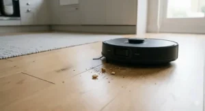 A Roborock robot vacuum cleaning crumbs off a light oak timber floor in a British kitchen.