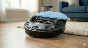 A robot mop using a damp microfibre cloth to scrub away a muddy footprint from a laminate floor.
