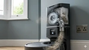 Illustration showing dust being suctioned from a robot vacuum into an automatic disposal base station bin.