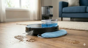 A robot vacuum docked at an automatic self-emptying station on a wooden floor in a modern UK home.